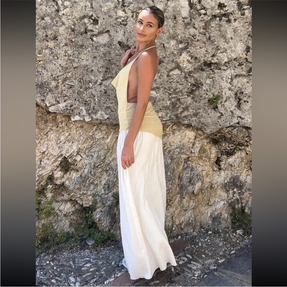 Zara NWT contrasting combination two tone cream and tan maxi halter dress - Picture 4 of 11
